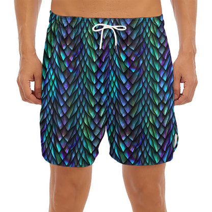 Turquoise Dragon Scales Pattern Print Men's Split Running Shorts