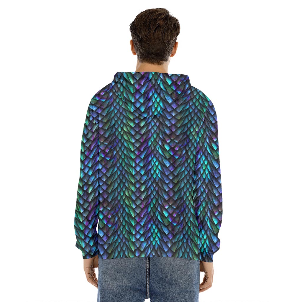 Turquoise Dragon Scales Pattern Print Men's Velvet Pullover Hoodie