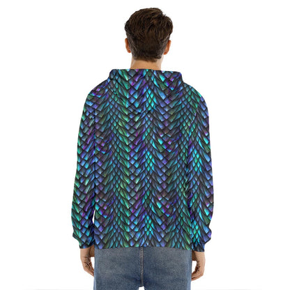 Turquoise Dragon Scales Pattern Print Men's Velvet Pullover Hoodie