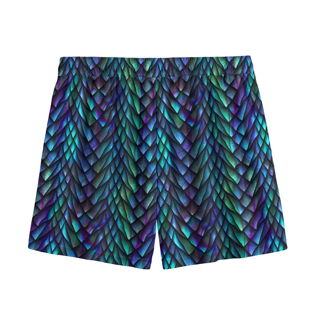 Turquoise Dragon Scales Pattern Print Mesh Shorts