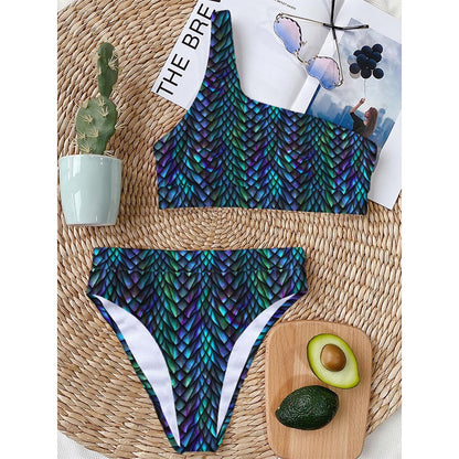Turquoise Dragon Scales Pattern Print One Shoulder Bikini Top
