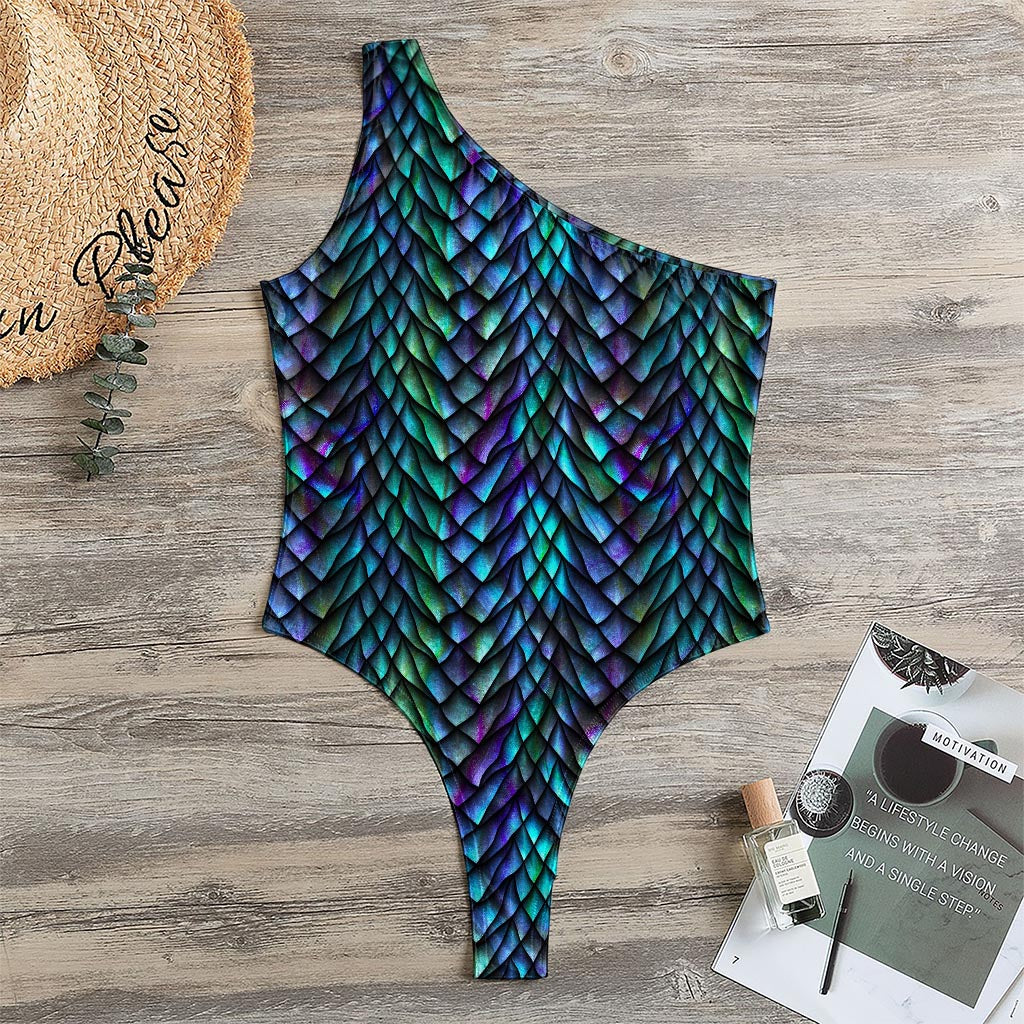 Turquoise Dragon Scales Pattern Print One Shoulder Bodysuit