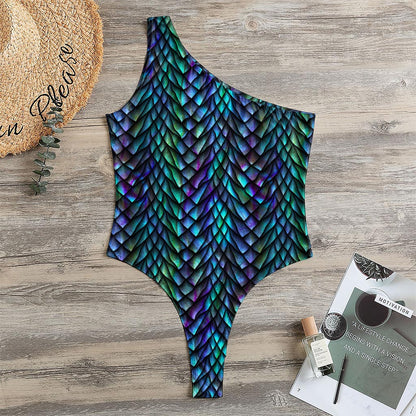Turquoise Dragon Scales Pattern Print One Shoulder Bodysuit