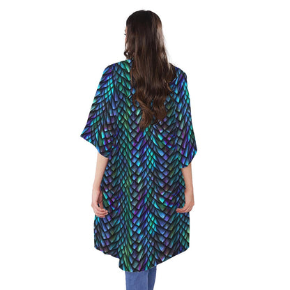Turquoise Dragon Scales Pattern Print Open Front Beach Cover Up