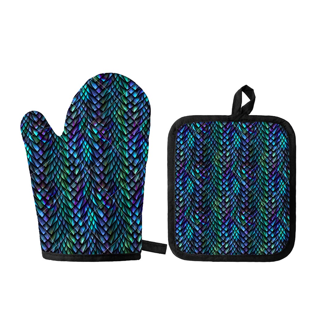 Turquoise Dragon Scales Pattern Print Oven Mitt And Pot Holder Set