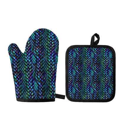 Turquoise Dragon Scales Pattern Print Oven Mitt And Pot Holder Set