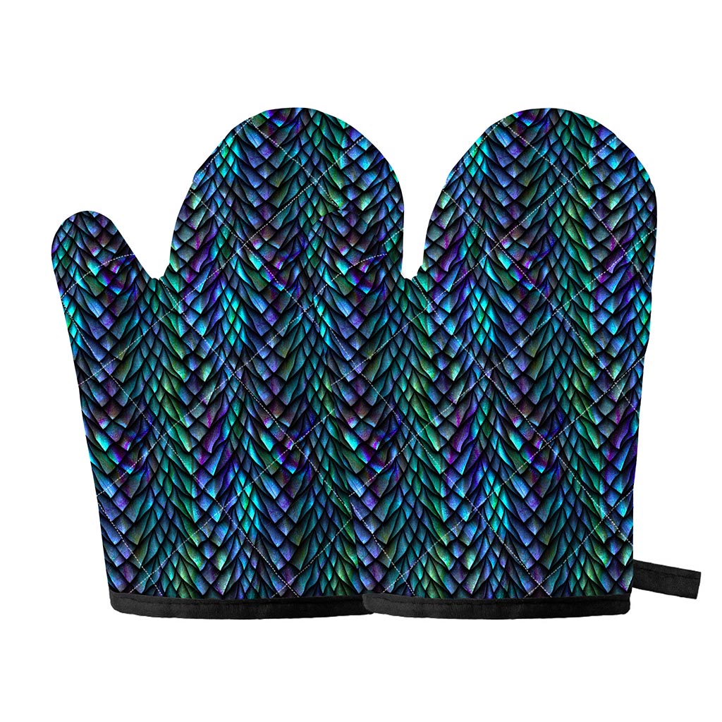 Turquoise Dragon Scales Pattern Print Oven Mitts