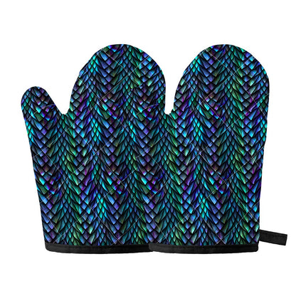Turquoise Dragon Scales Pattern Print Oven Mitts