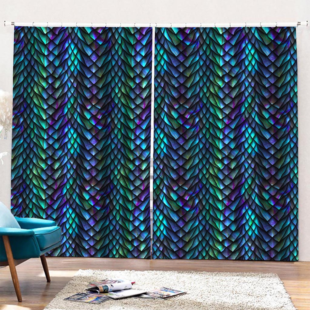 Turquoise Dragon Scales Pattern Print Pencil Pleat Curtains