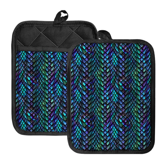 Turquoise Dragon Scales Pattern Print Pot Holders With Pocket