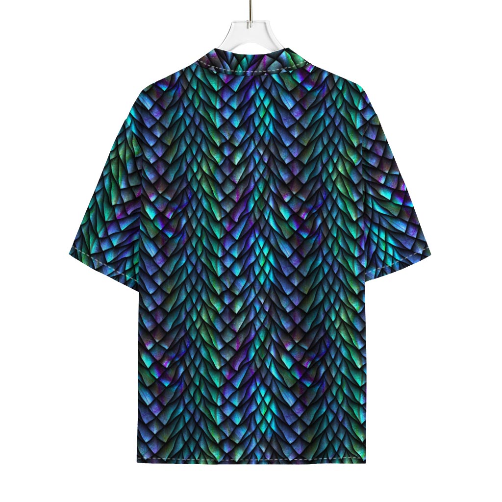 Turquoise Dragon Scales Pattern Print Rayon Hawaiian Shirt
