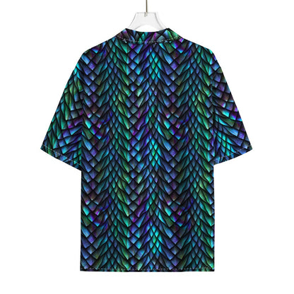 Turquoise Dragon Scales Pattern Print Rayon Hawaiian Shirt