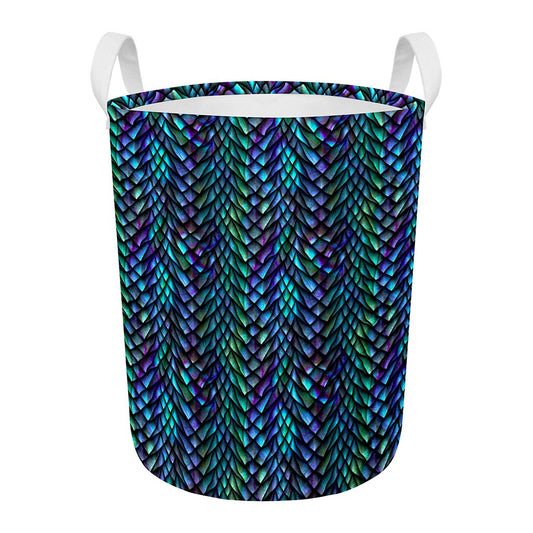 Turquoise Dragon Scales Pattern Print Round Laundry Basket