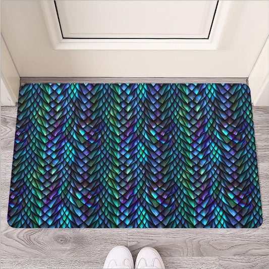 Turquoise Dragon Scales Pattern Print Rubber Doormat