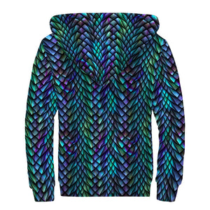 Turquoise Dragon Scales Pattern Print Sherpa Lined Zip Up Hoodie