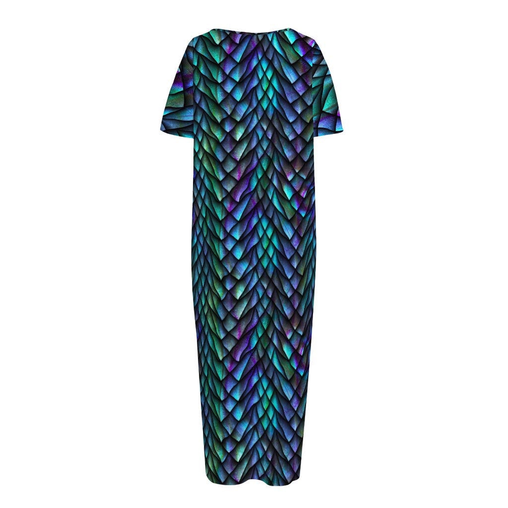 Turquoise Dragon Scales Pattern Print Short Sleeve Long Nightdress