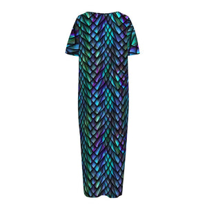 Turquoise Dragon Scales Pattern Print Short Sleeve Long Nightdress