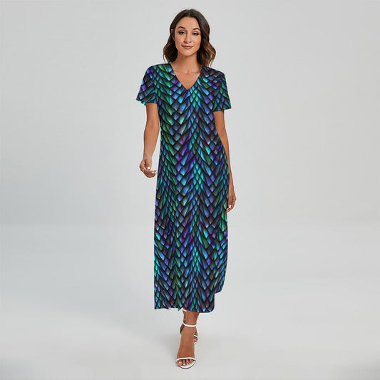 Turquoise Dragon Scales Pattern Print Short Sleeve Maxi Dress