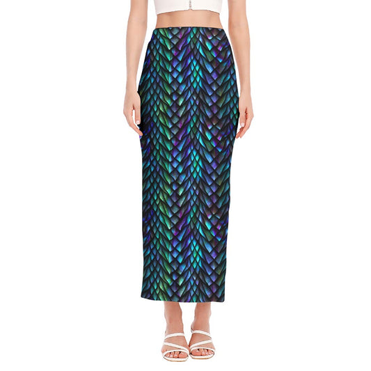 Turquoise Dragon Scales Pattern Print Side Slit Maxi Skirt