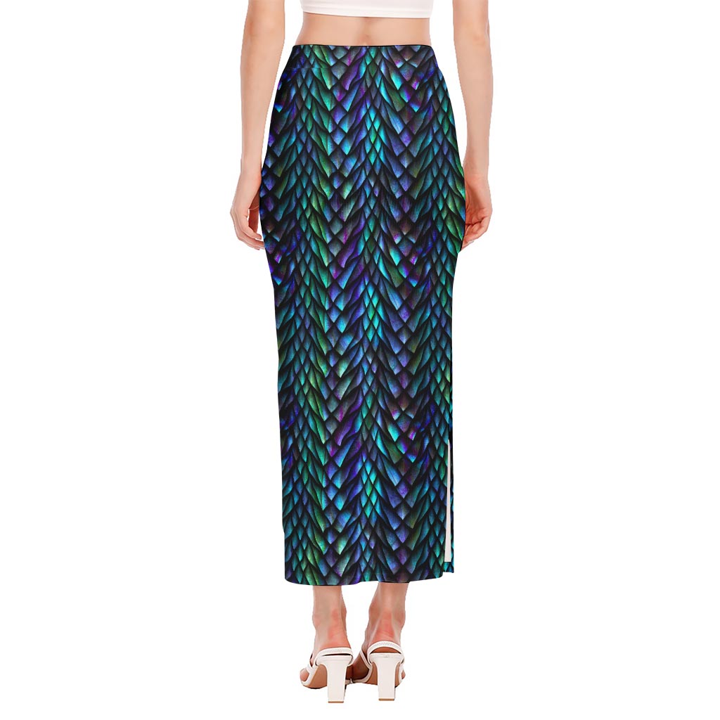 Turquoise Dragon Scales Pattern Print Side Slit Maxi Skirt