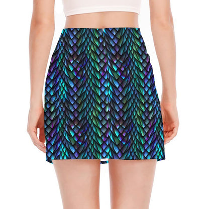 Turquoise Dragon Scales Pattern Print Side Slit Mini Skirt