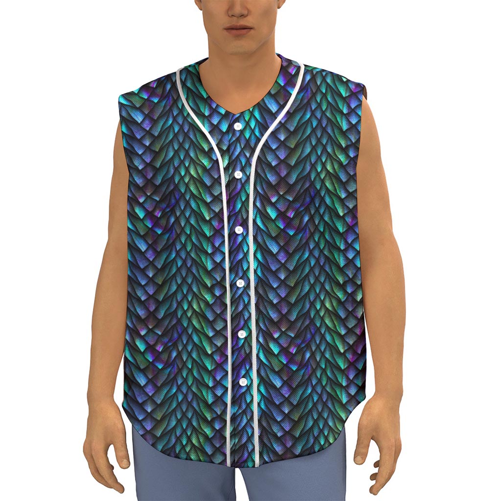 Turquoise Dragon Scales Pattern Print Sleeveless Baseball Jersey