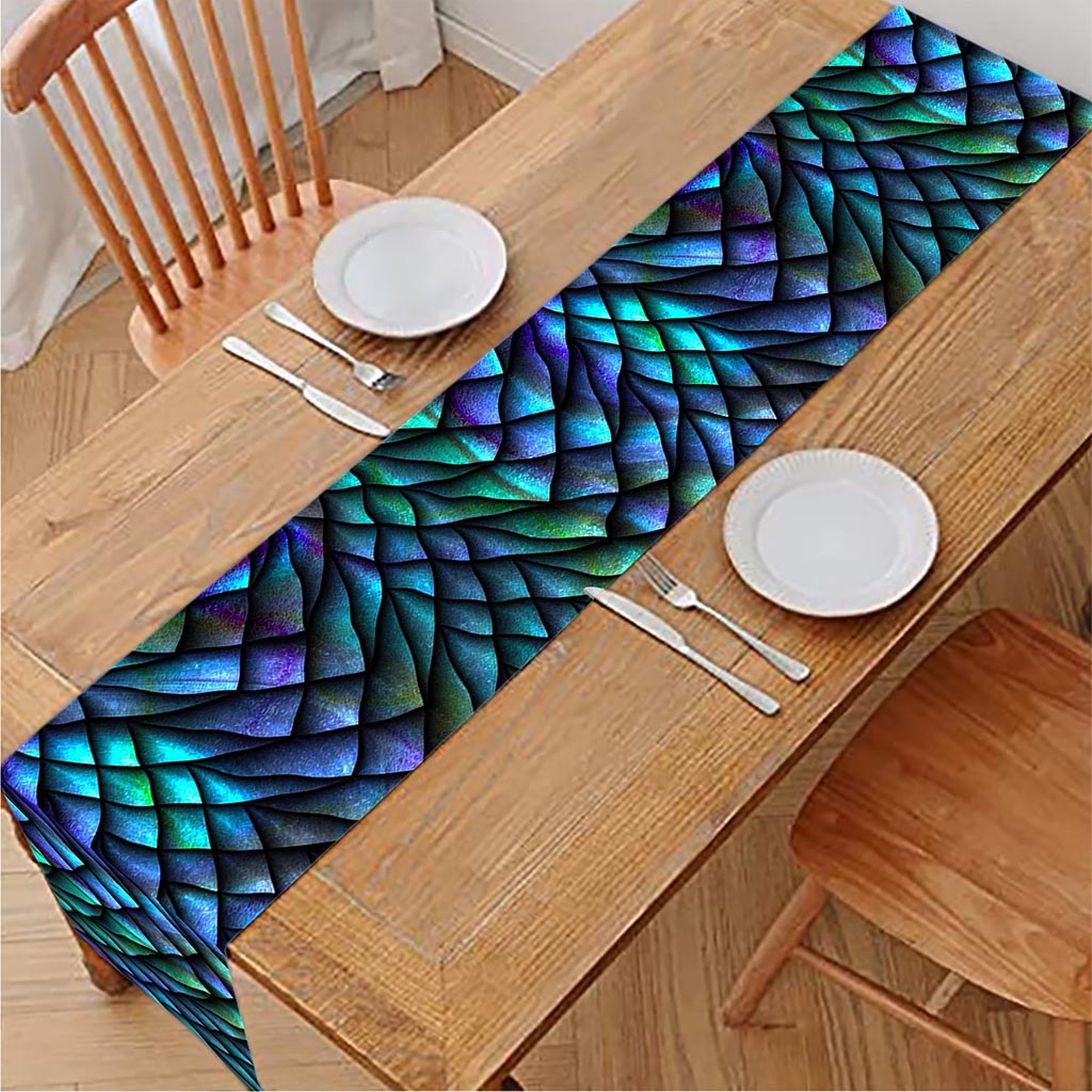 Turquoise Dragon Scales Pattern Print Table Runner