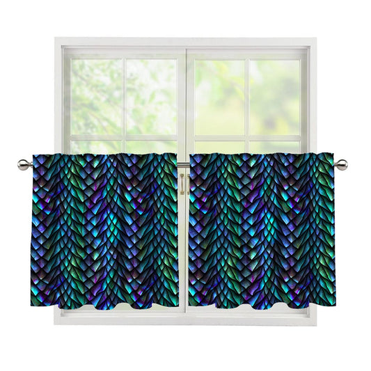 Turquoise Dragon Scales Pattern Print Tier Curtains
