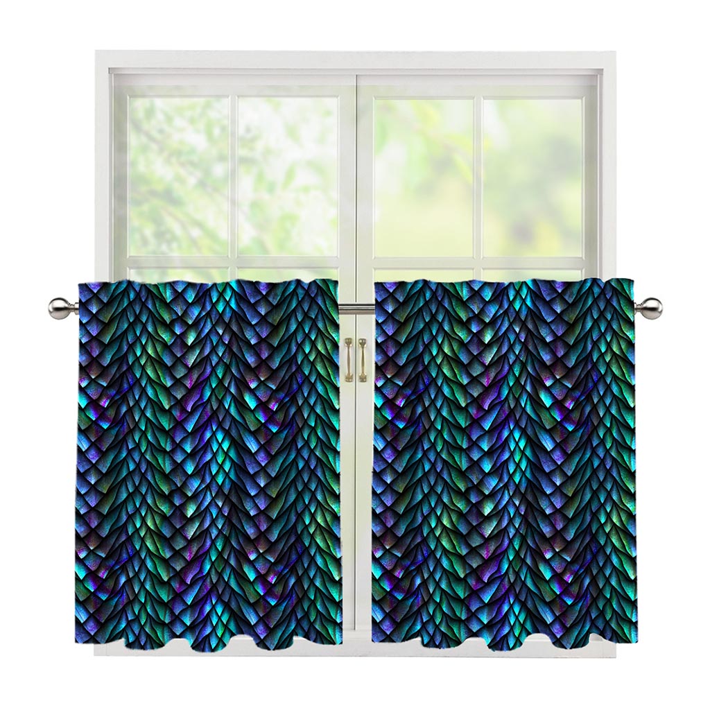 Turquoise Dragon Scales Pattern Print Tier Curtains