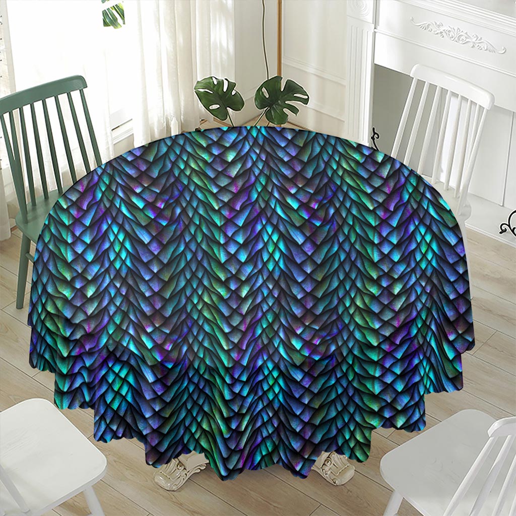 Turquoise Dragon Scales Pattern Print Waterproof Round Tablecloth