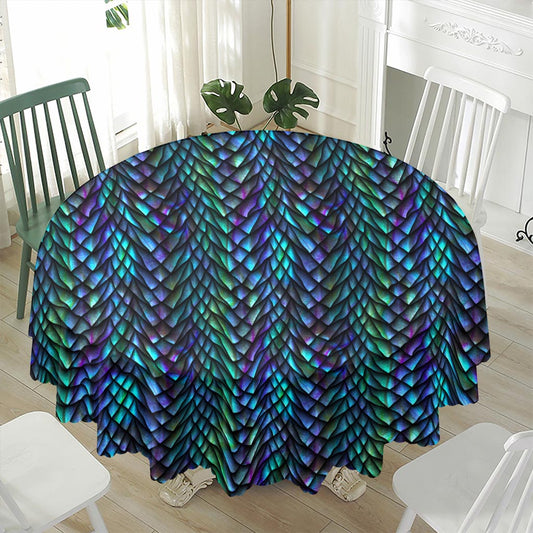 Turquoise Dragon Scales Pattern Print Waterproof Round Tablecloth
