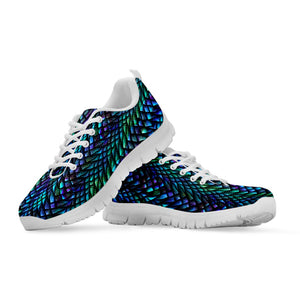 Turquoise Dragon Scales Pattern Print White Running Shoes