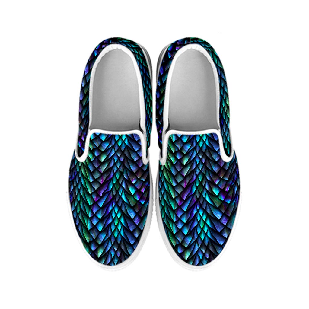 Turquoise Dragon Scales Pattern Print White Slip On Sneakers