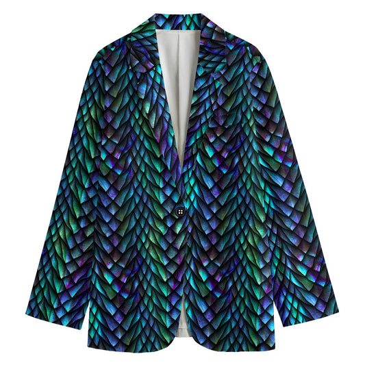 Turquoise Dragon Scales Pattern Print Women's Cotton Blazer