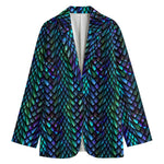 Turquoise Dragon Scales Pattern Print Women's Cotton Blazer