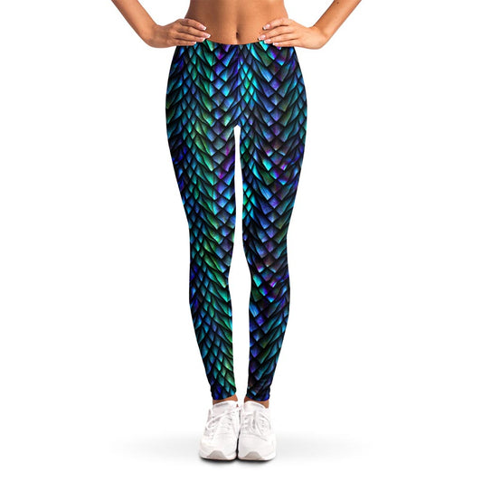 Turquoise Dragon Scales Pattern Print Women's Leggings