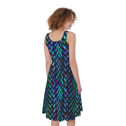Turquoise Dragon Scales Pattern Print Women's Sleeveless Dress