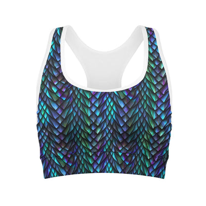 Turquoise Dragon Scales Pattern Print Women's Sports Bra