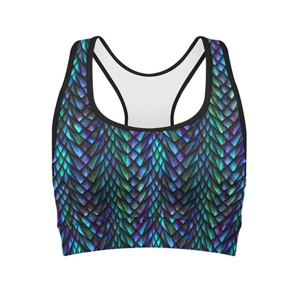 Turquoise Dragon Scales Pattern Print Women's Sports Bra
