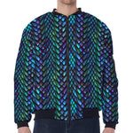 Turquoise Dragon Scales Pattern Print Zip Sleeve Bomber Jacket