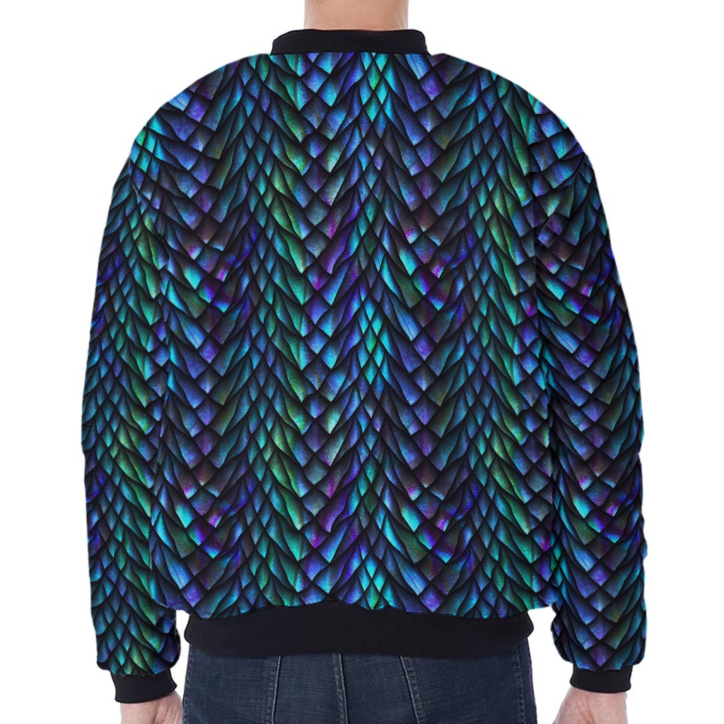 Turquoise Dragon Scales Pattern Print Zip Sleeve Bomber Jacket