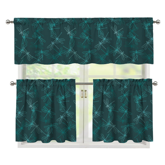 Turquoise Dragonfly Pattern Print 3 Piece Kitchen Curtains