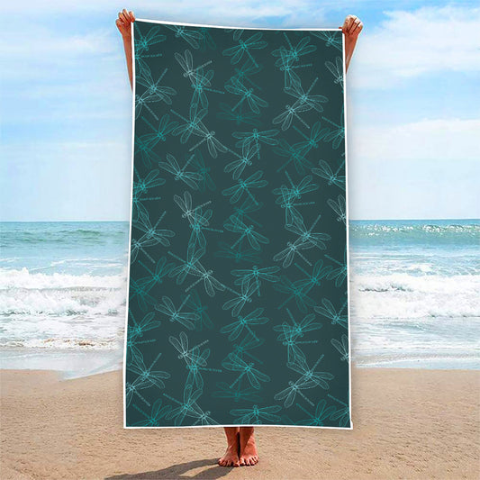 Turquoise Dragonfly Pattern Print Beach Towel