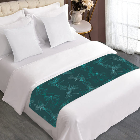 Turquoise Dragonfly Pattern Print Bed Runner