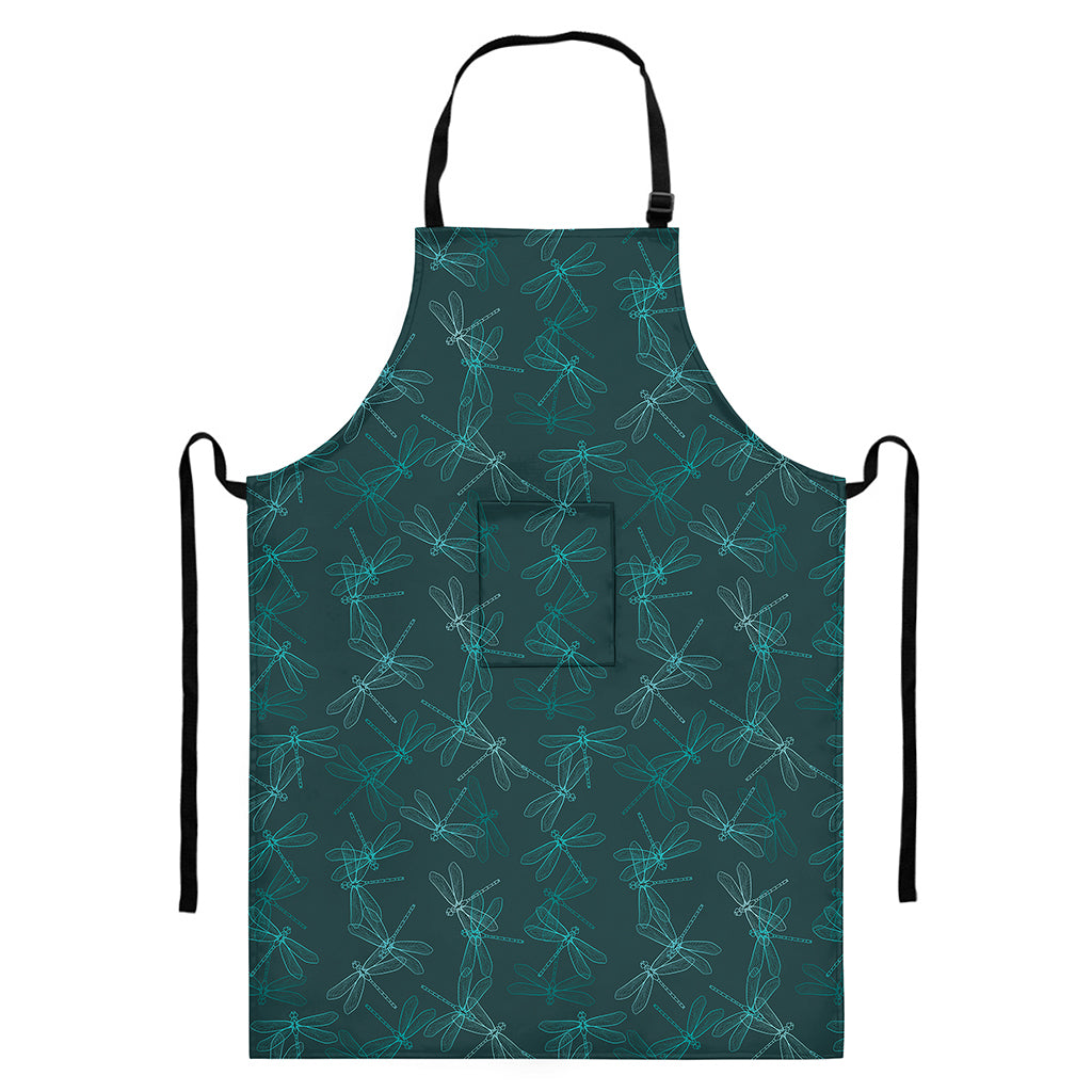 Turquoise Dragonfly Pattern Print Bib Apron With Pocket