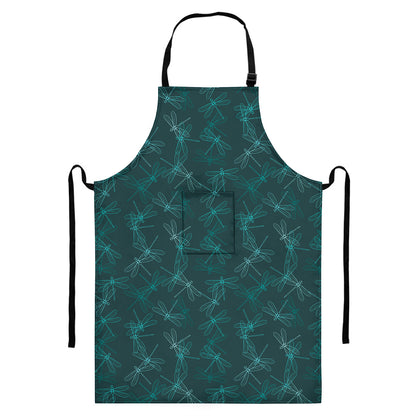 Turquoise Dragonfly Pattern Print Bib Apron With Pocket