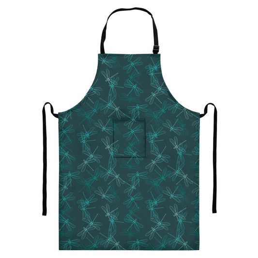 Turquoise Dragonfly Pattern Print Bib Apron With Pocket