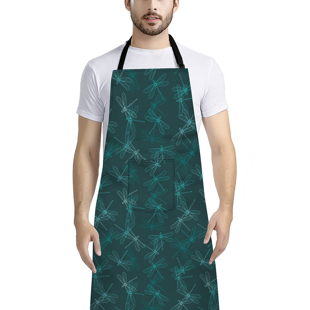 Turquoise Dragonfly Pattern Print Bib Apron With Pocket