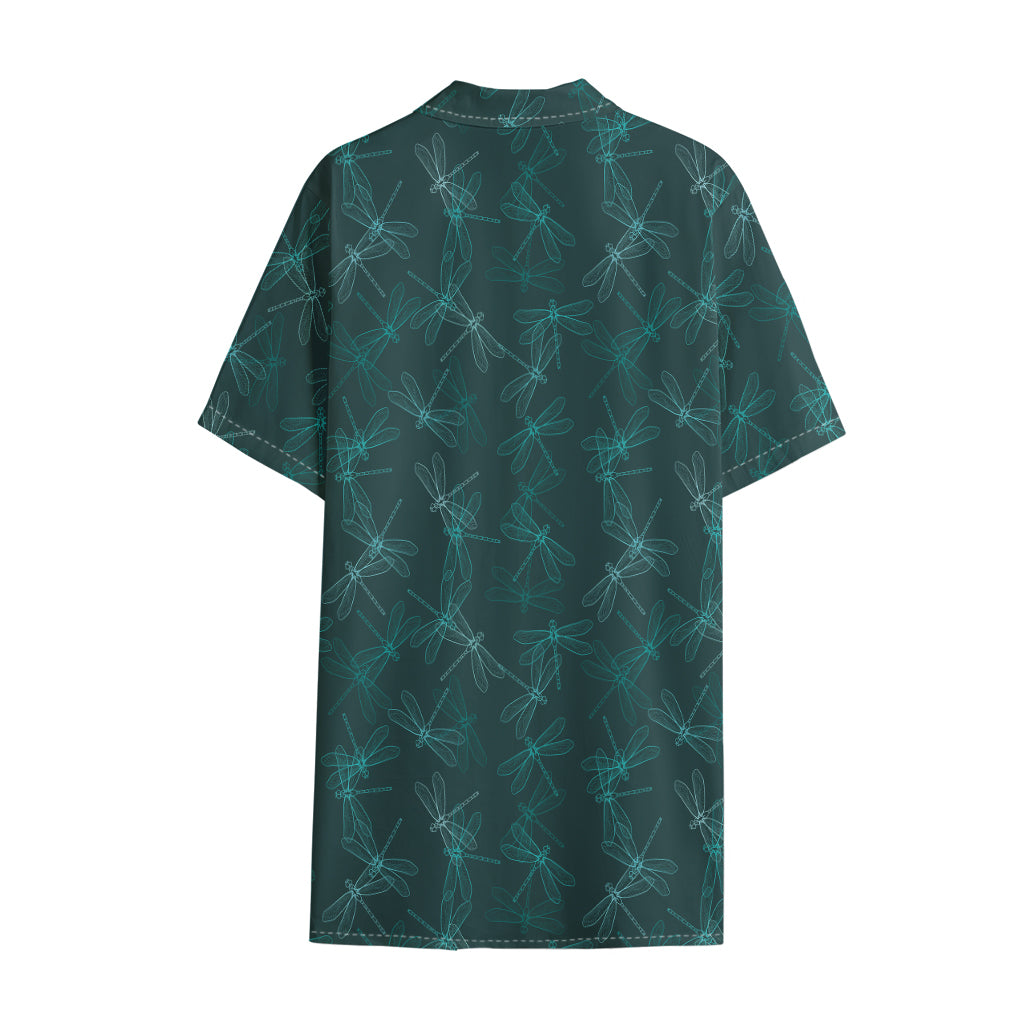 Turquoise Dragonfly Pattern Print Cotton Hawaiian Shirt