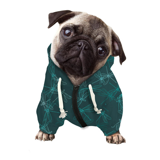 Turquoise Dragonfly Pattern Print Dog Zip Up Hoodie